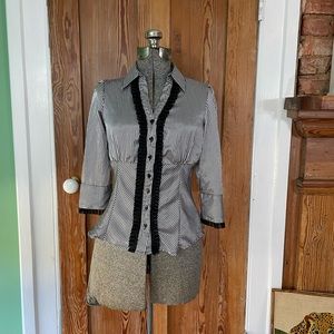 Antilia Femme Ruffle Detail Button Up Tux Style Striped Top - Size Small